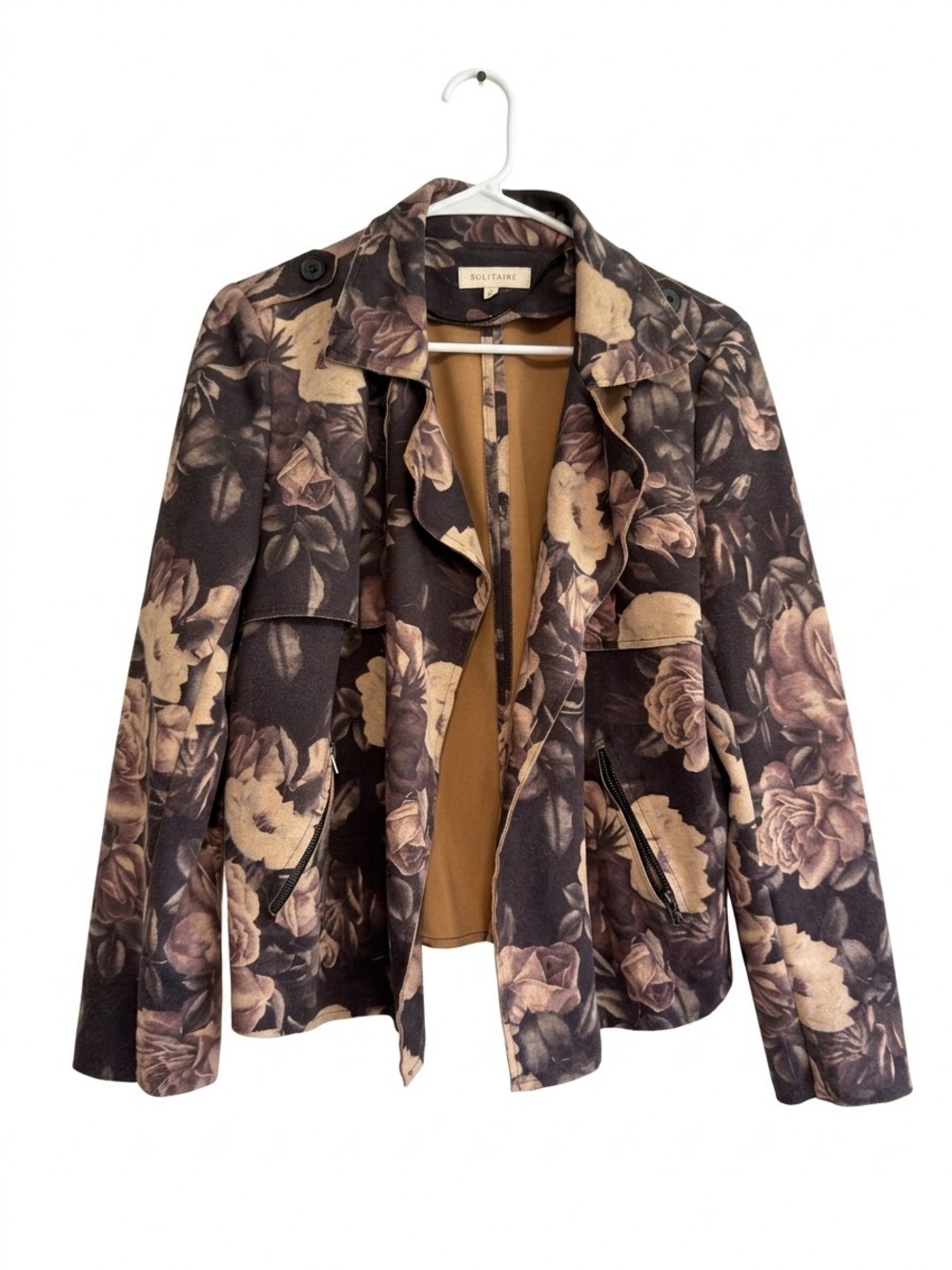 Solitaire Faux Suede Dark Floral Drape Moto Jacket Brown Size Large
